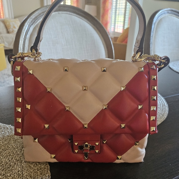 Top Handle Studded Stud Structured Handbag Bag Pink Red Two Tone - Picture 9 of 16